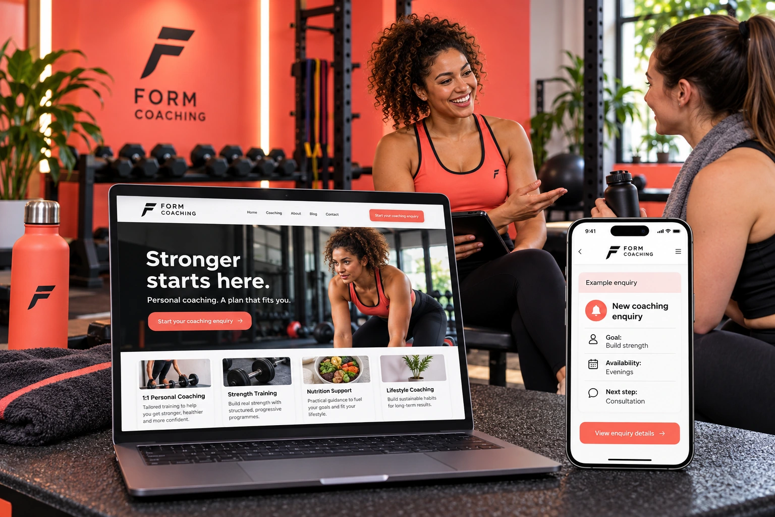 Illustrative personal trainer helping a client while his website collects the client's goal, availability and contact details