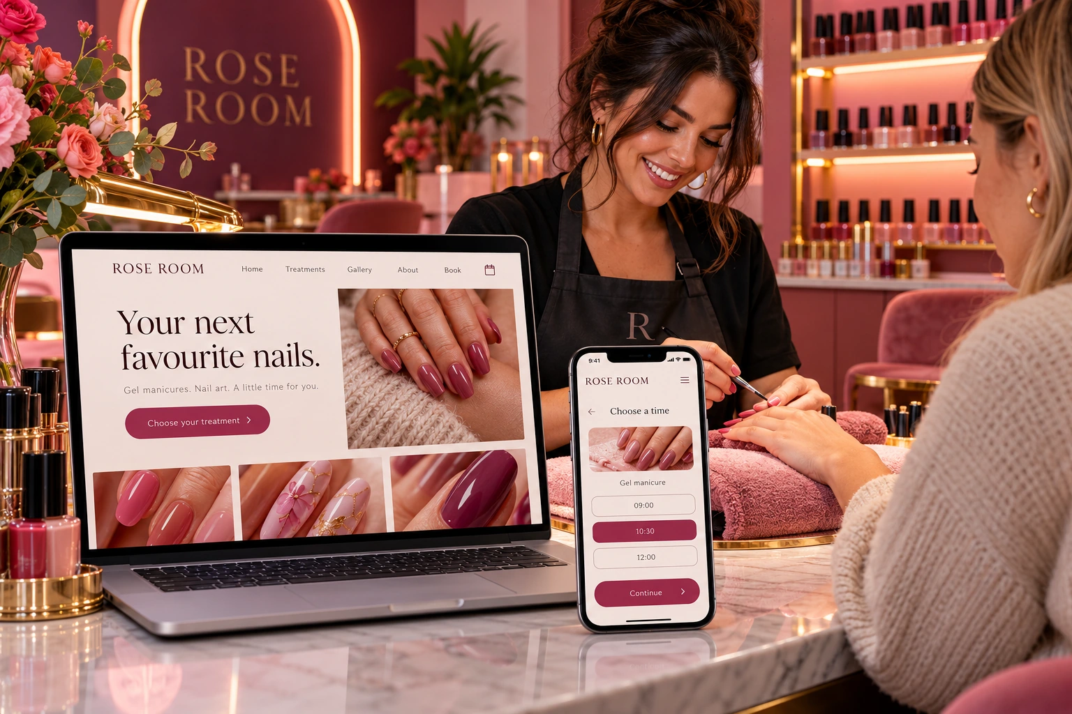 Illustrative nail artist with her own salon website and a phone showing appointment time selection