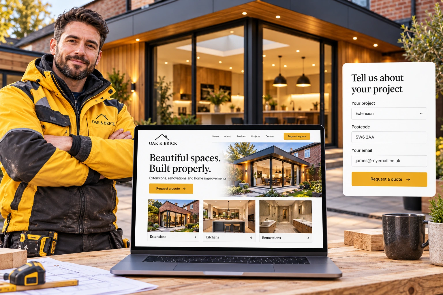 Illustrative builder with a website showing completed projects and a clear quote request form