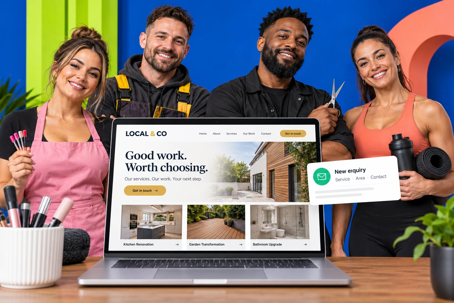 Illustrative beauty, building, barbering and fitness business owners with a complete business website on a laptop