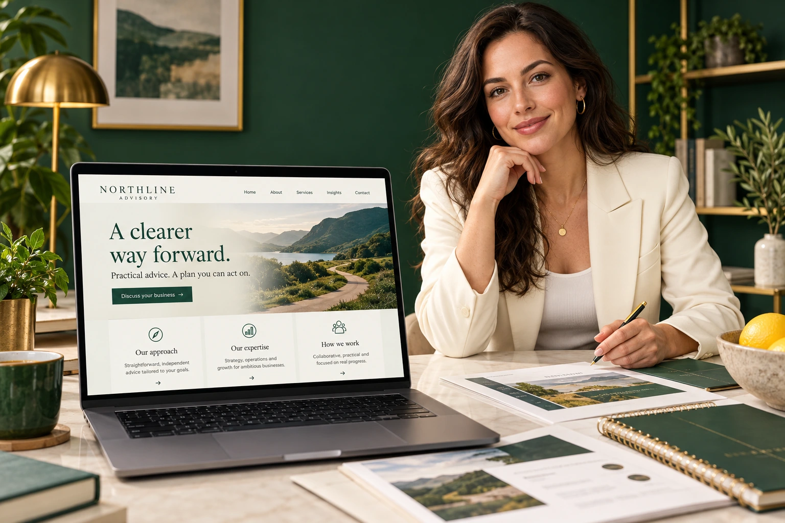 Illustrative consultant with a polished website explaining her approach, expertise and services
